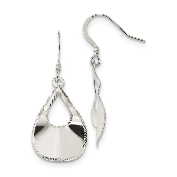 925 Sterling Silver Polished Laser Cut Teardrop Dangle Hook Earrings, 41.8mm x 16.75mm