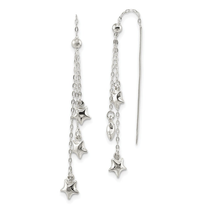 925 Sterling Silver Polished and Diamond-Cut Star Beaded Threader Earrings, 75.94mm x 6.63mm