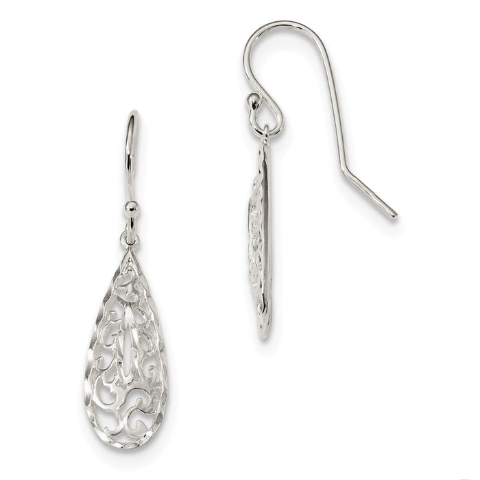 925 Sterling Silver Diamond-Cut Filigree Teardrop Shepherd Hook Earrings, 36mm