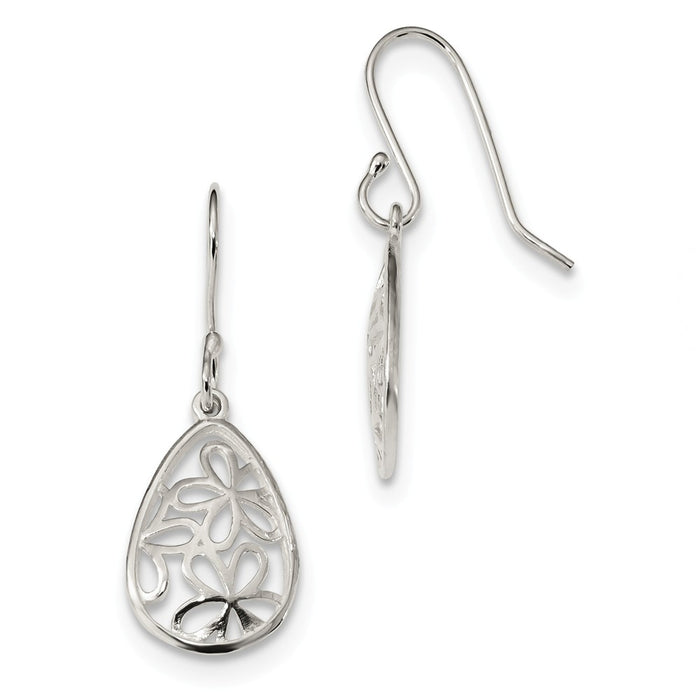 925 Sterling Silver Open Flower Teardrop Shepherd Hook Earrings, 33mm