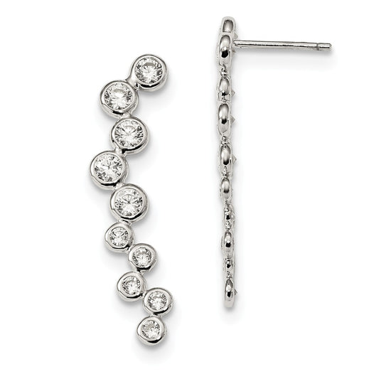 925 Sterling Silver Bezel Cubic Zirconia ( CZ ) Ear Climber Post Earrings, 33mm x 12mm
