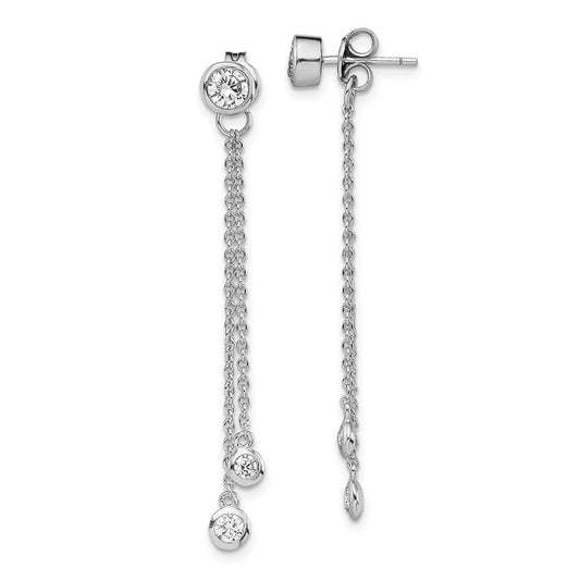 925 Sterling Silver Rhodium-plated Cubic Zirconia ( CZ ) Front & Back Dangle Chain Post Earrings, 49mm x 5mm