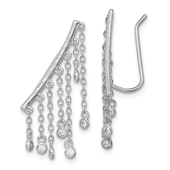 925 Sterling Silver Rhodium-plated Cubic Zirconia ( CZ ) Ear Climber Earrings, 25mm x 23mm