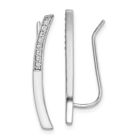 925 Sterling Silver Rhodium-plated Curved Bar Cubic Zirconia ( CZ ) Ear Climber Earrings, 4mm x 21mm