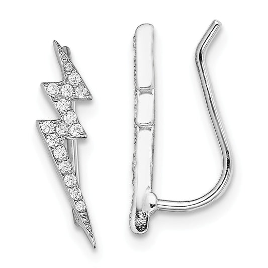 925 Sterling Silver Rhodium-plated Cubic Zirconia ( CZ ) Lightning Bolt Ear Climber Earrings, 11mm x 5mm
