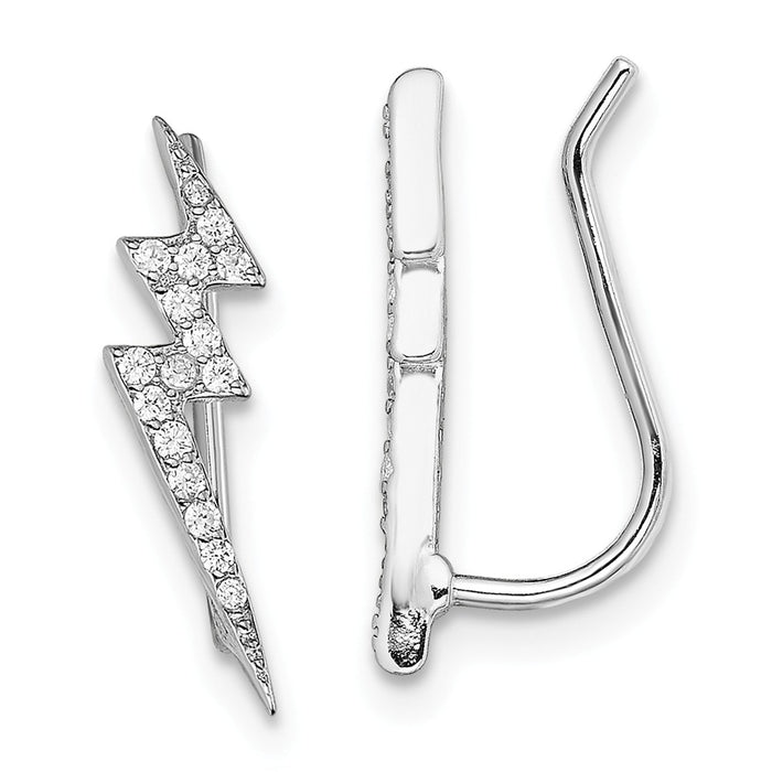 925 Sterling Silver Rhodium-plated Cubic Zirconia ( CZ ) Lightning Bolt Ear Climber Earrings, 11mm x 5mm