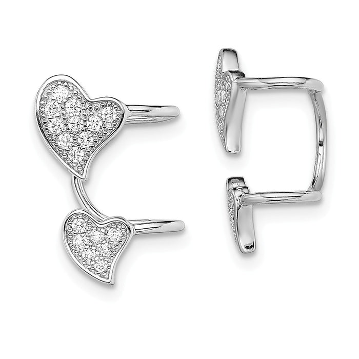 925 Sterling Silver Rhodium-plated Cubic Zirconia ( CZ ) Double Heart Left Cuff Earring, 15mm x 10.5mm