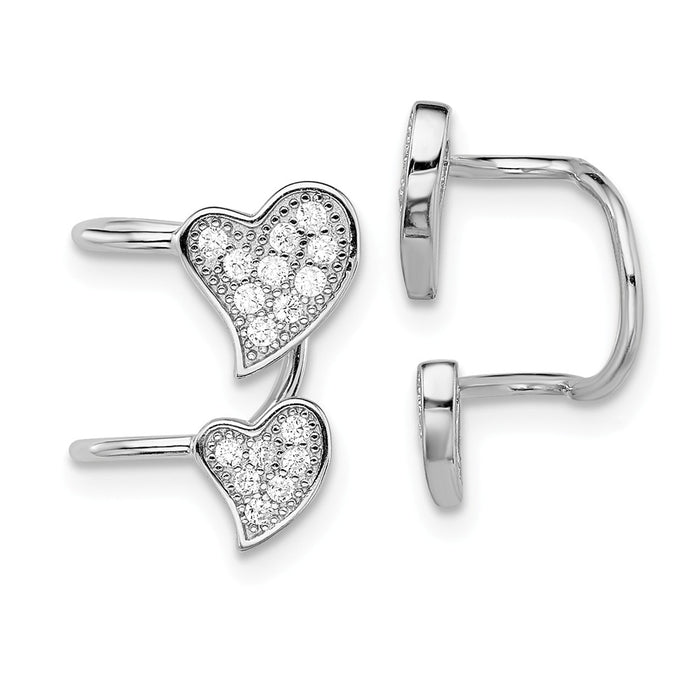 925 Sterling Silver Rhodium-plated Cubic Zirconia ( CZ ) Double Heart Right Cuff Earring, 15mm x 10.5mm