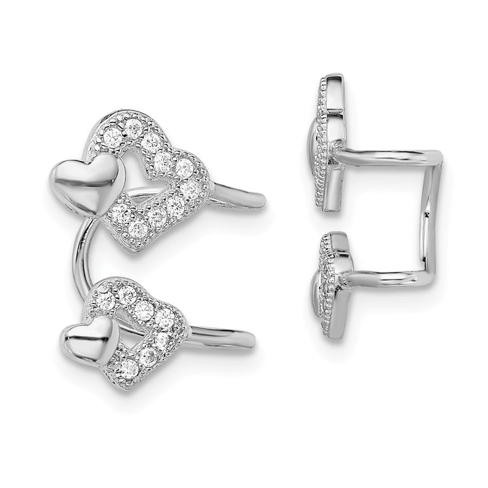 925 Sterling Silver Rhodium-plated Cubic Zirconia ( CZ ) Double Heart Left Cuff Earring, 15mm x 10mm