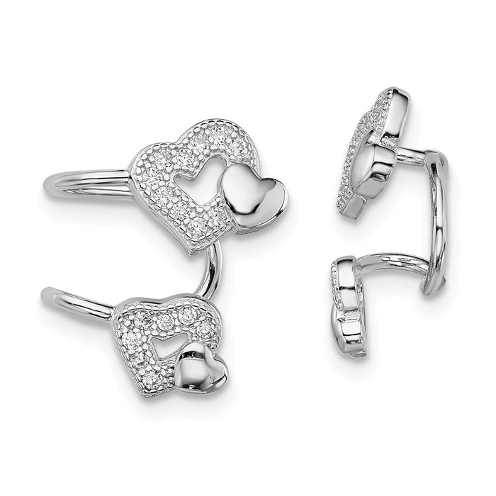 925 Sterling Silver Rhodium-plated Cubic Zirconia ( CZ ) Double Heart Right Cuff Earring, 15mm x 10mm