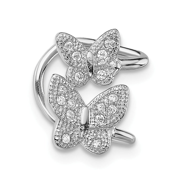 925 Sterling Silver Rhodium-plated Cubic Zirconia ( CZ ) Double Butterfly Left Cuff Earring, 15mm x 11mm