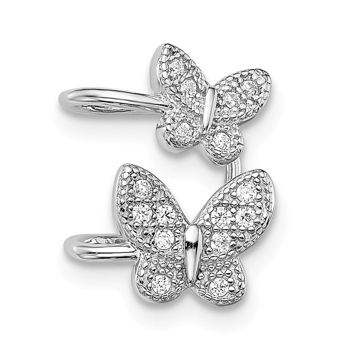 925 Sterling Silver Rhodium-plated Cubic Zirconia ( CZ ) Double Butterfly Right Cuff Earring, 15mm x 11mm