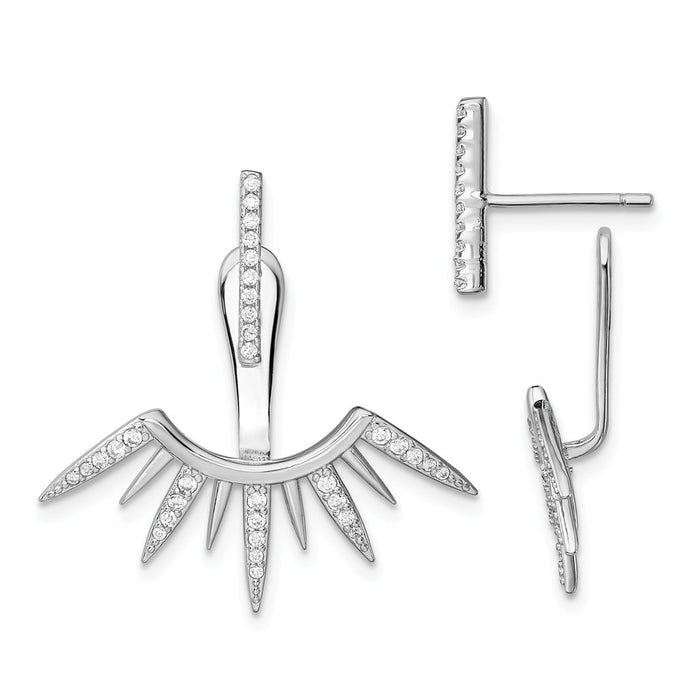 925 Sterling Silver Rhodium-plated Cubic Zirconia ( CZ ) Front & Back Spike Post Earrings, 18mm x 26mm