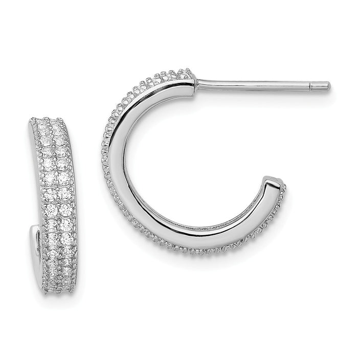 925 Sterling Silver Rhodium-plated Cubic Zirconia ( CZ ) 14x3.5mm C-Hoop Post Earrings, 15mm x 14mm