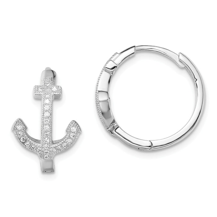 925 Sterling Silver Rhodium-plated Cubic Zirconia ( CZ ) Anchor Hinged Earrings, 18mm x 18mm