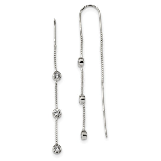 925 Sterling Silver Polished 3 Bezel Set Cubic Zirconia ( CZ )s Threader Earrings, 66.5mm x 4mm
