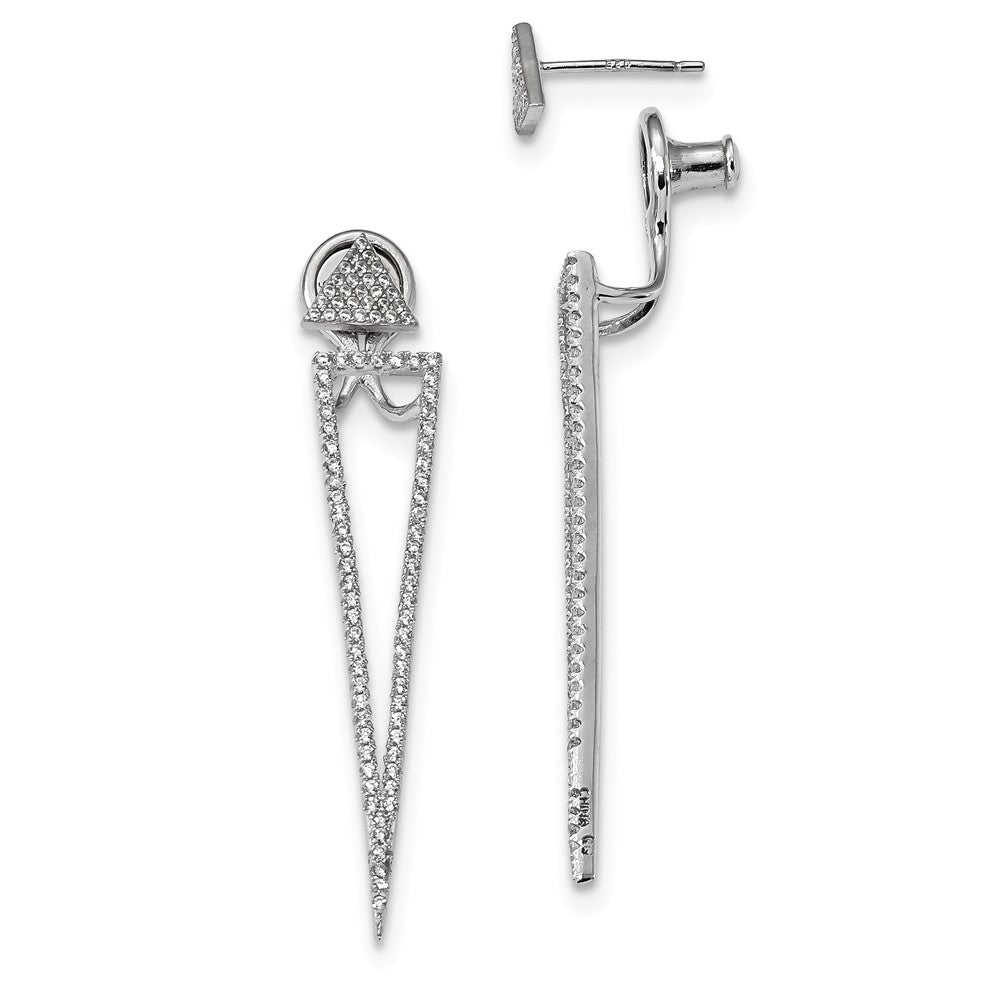 925 Sterling Silver Rhodium-plated Cubic Zirconia ( CZ ) Front & Back Triangle Earrings, 50mm x 9mm