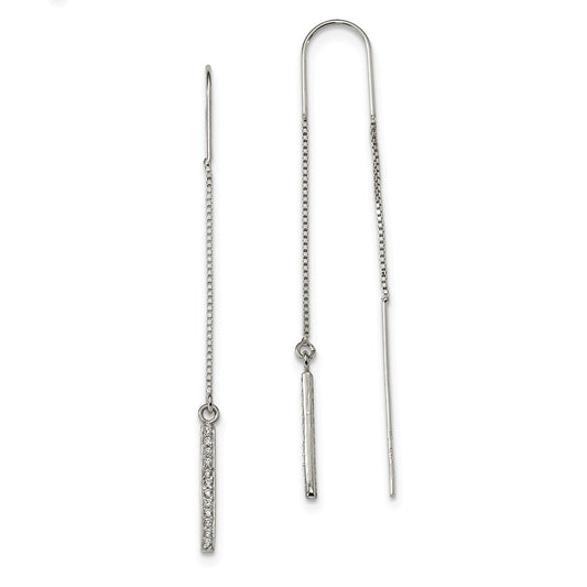925 Sterling Silver Polished Cubic Zirconia ( CZ ) Bar Threader Earrings, 71mm x 2mm