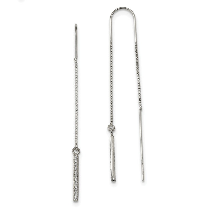 925 Sterling Silver Polished Cubic Zirconia ( CZ ) Bar Threader Earrings, 71mm x 2mm