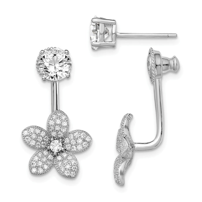 925 Sterling Silver Rhodium-plated Cubic Zirconia ( CZ ) Studs with Cubic Zirconia ( CZ ) Flower Jacket Earrings, 23mm x 13mm