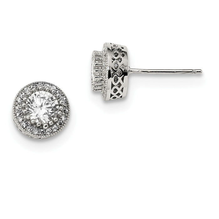 925 Sterling Silver Round Cubic Zirconia ( CZ ) Pav‚ Halo Post Earrings, 9.5mm x 9.5mm