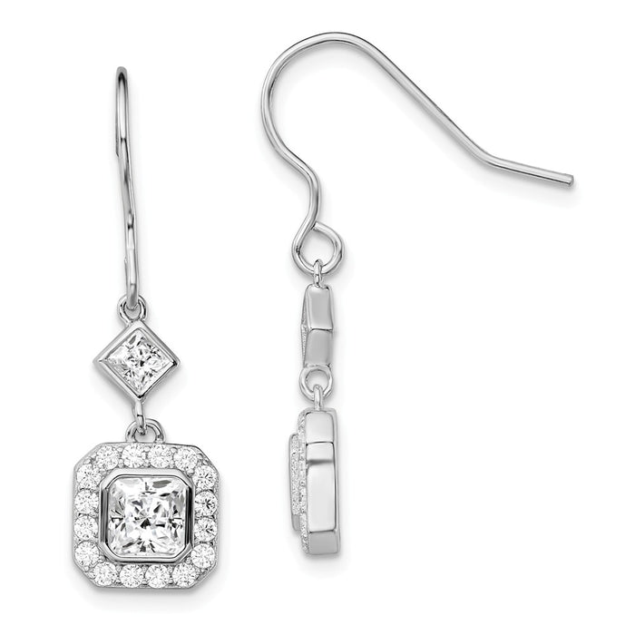 925 Sterling Silver Rhodium-plated Cubic Zirconia ( CZ ) Square Halo Dangle Earrings, 32mm x 7.88mm