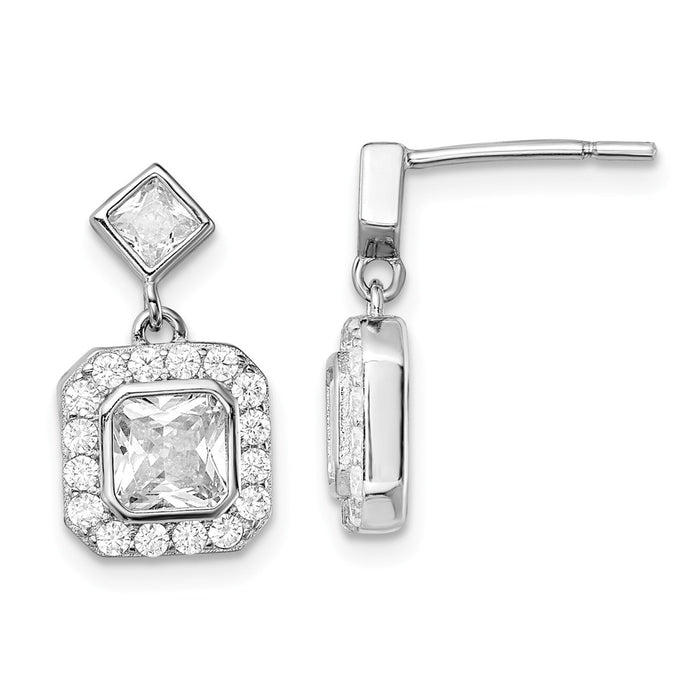 925 Sterling Silver Rhodium-plated Cubic Zirconia ( CZ ) Square Halo Post Dangle Earrings, 15.5mm x 7.8mm