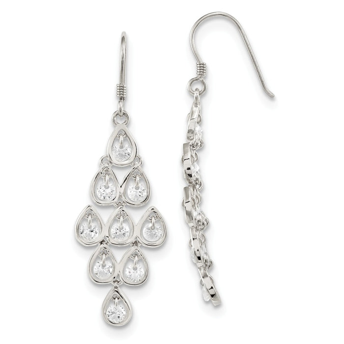 925 Sterling Silver Fancy Cubic Zirconia ( CZ ) Dangle Shepherd Hook Earrings, 25.5mm x 6.87mm