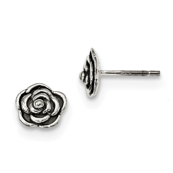 925 Sterling Silver Antiqued Rose Post Earrings, 8.39mm x 8.39mm