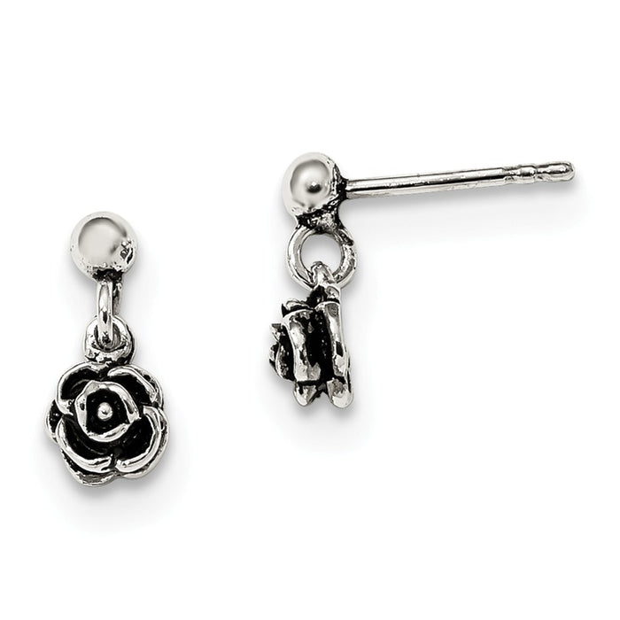 925 Sterling Silver Antiqued Rose Dangle Post Earrings, 12.21mm x 5.64mm