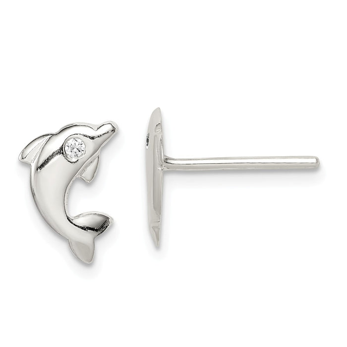 925 Sterling Silver Cubic Zirconia ( CZ ) Dolphin Post Earrings, 10.65mm x 7.38mm