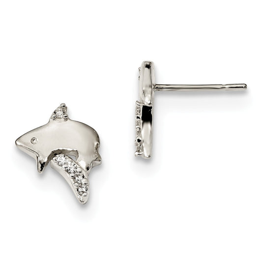 925 Sterling Silver Polished Cubic Zirconia ( CZ ) Shark Post Earrings, 8.06mm x 9.49mm