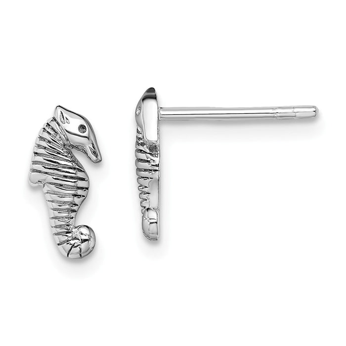 925 Sterling Silver Rhodium-plated Polished Striped Seahorse Post Earrings, 10.15mm x 4.65mm