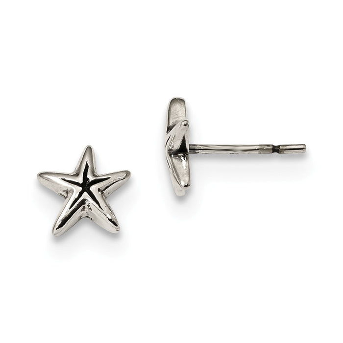 925 Sterling Silver Antiqued Starfish Post Earrings, 7.8mm x 7.8mm