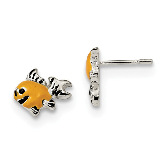 925 Sterling Silver Polished Enameled Happy Fish Post Earrings, 8.53mm x 9.96mm