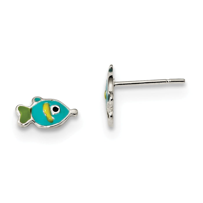 925 Sterling Silver Polished Enameled Fish Post Earrings, 4.9mm x 9mm