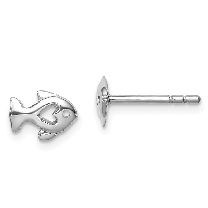 925 Sterling Silver Rhodium-plated Polished Fish with Heart Post Earrings, 5.61mm x 7.73mm