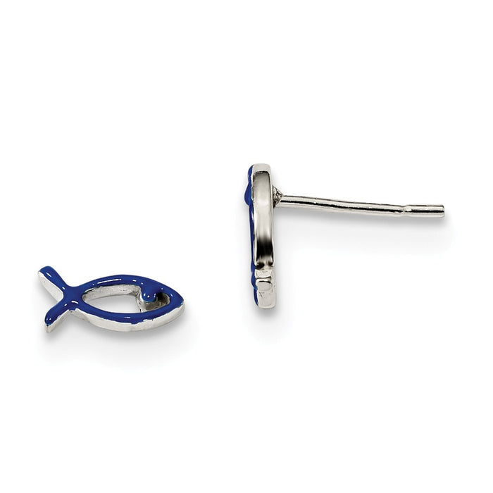 925 Sterling Silver Polished Enameled Icthus Fish Post Earrings, 3.96mm x 8.74mm