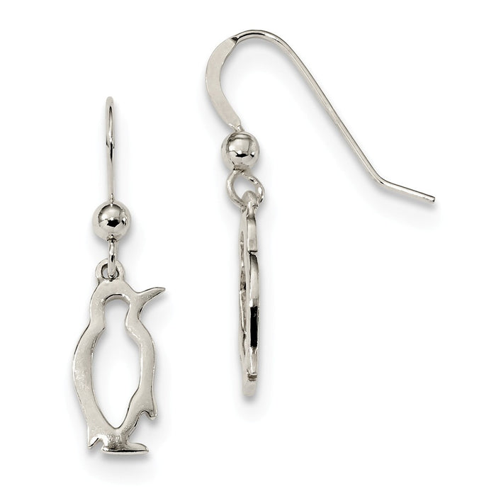 925 Sterling Silver Penguin Shepherd Hook Earrings, 25.5mm x 6.73mm