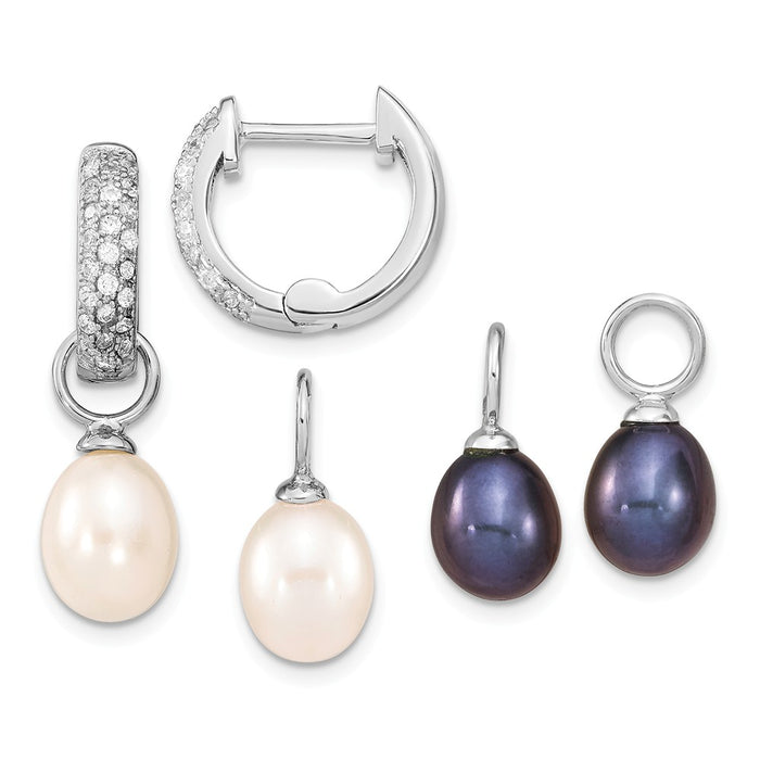 Stella Silver Jewelry Set - 925 Sterling Silver Rhodium-Plate 7-8mm White/Black Freshwater Cultured Pearl Cubic Zirconia ( CZ ) Changeable Earring