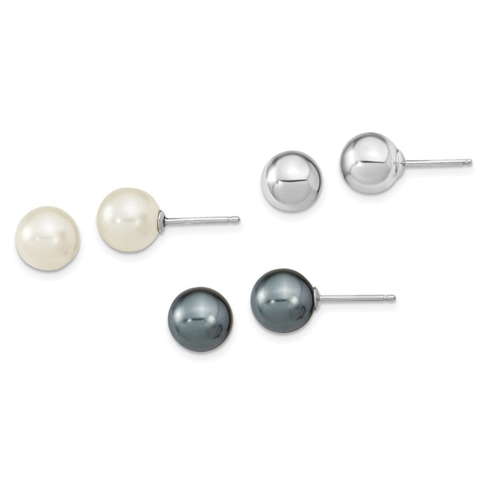 Stella Silver Jewelry Set - 925 Sterling Silver Rhodium-Plated 8-9mm White /Black Imitation Shell Pearl Post 3 Earring Set