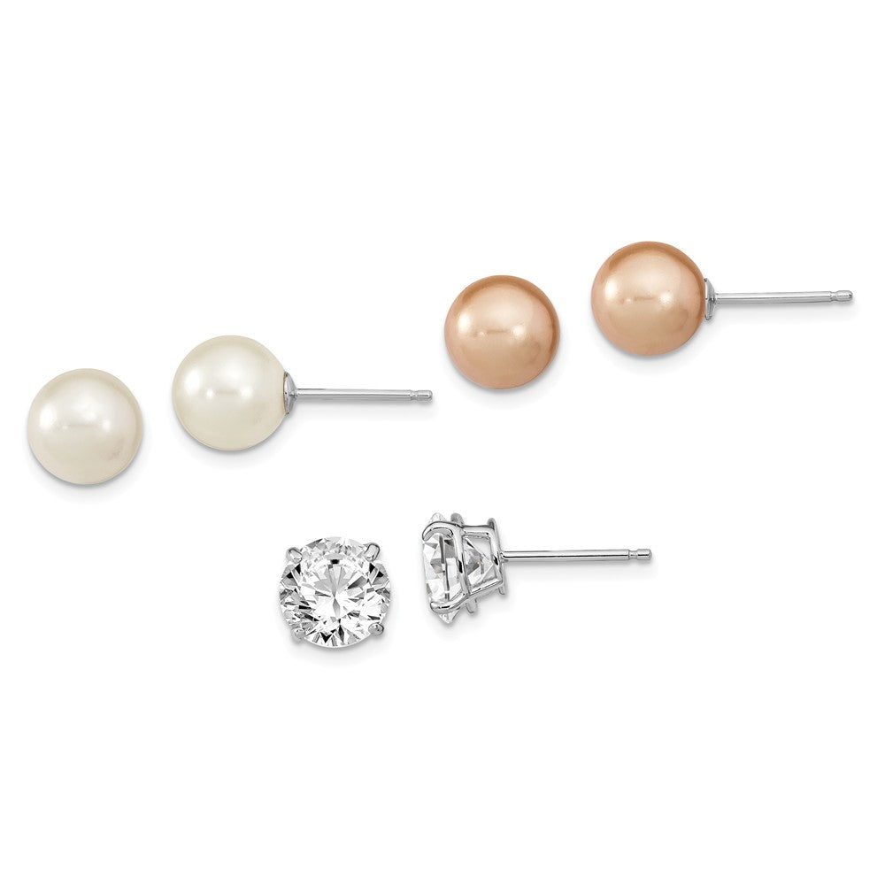 Stella Silver Jewelry Set - 925 Sterling Silver Rhodium-Plated 8-9mm White /Champagne Imitat Shell Prl & Cubic Zirconia ( CZ ) 3 Earring Set