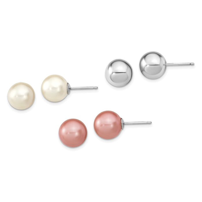 Stella Silver Jewelry Set - 925 Sterling Silver Rhodium-Plated 10-11mm White/Pink Imitation Shell Pearl 3 Earring Set