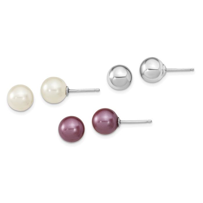 Stella Silver Jewelry Set - 925 Sterling Silver Rhodium-Plated 8-9mm Plum/White Imitation Shell Pearl Post 3 Earring Set
