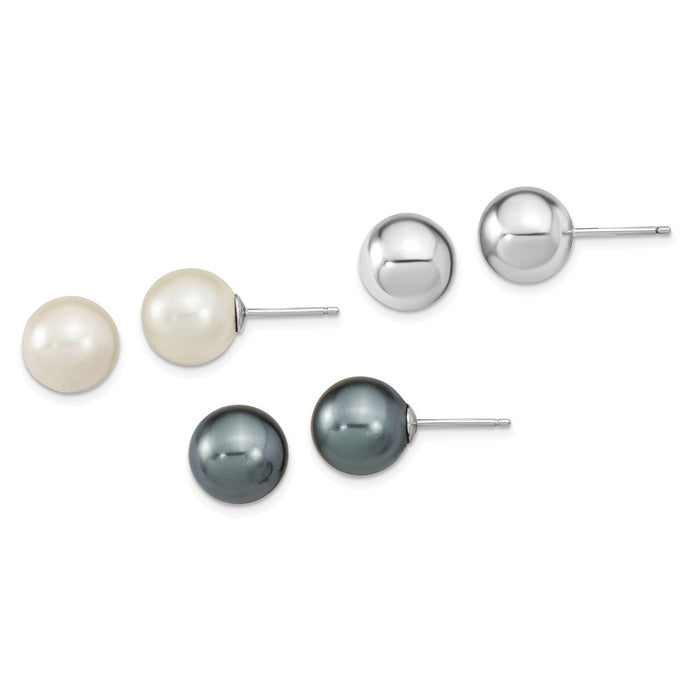 Stella Silver Jewelry Set - 925 Sterling Silver Rhodium-Plated 10-11mm White /Grey Imitation Shell Pearl 3 Earring Set