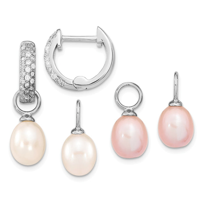 Stella Silver Jewelry Set - 925 Sterling Silver Rhodium-Plate 7-8mm White /Pink Freshwater Cultured Pearl Cubic Zirconia ( CZ ) Changeable Earring
