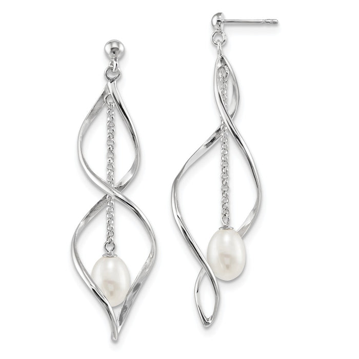 925 Sterling Silver Rhodium-Plated 7-8mm White Rice Freshwater Cultured Pearl Post Dangle Earring, 63.5mm x 19mm