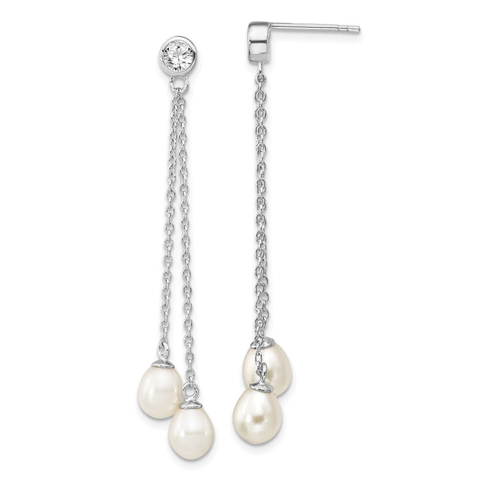 925 Sterling Silver Rhodium-Plated 6-7mm Rice Freshwater Cultured Pearl Cubic Zirconia ( CZ ) Post Dangle Earrings, 51mm x 5.12mm