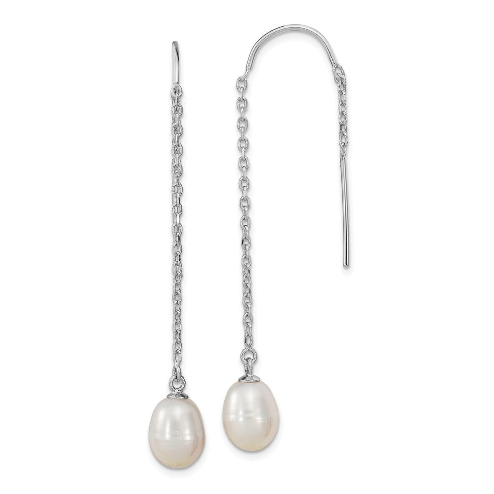 925 Sterling Silver Rhodium-plated 7-8mm Teardrop Freshwater Cultured Pearl Threader Earrings, 57mm x 7.52mm