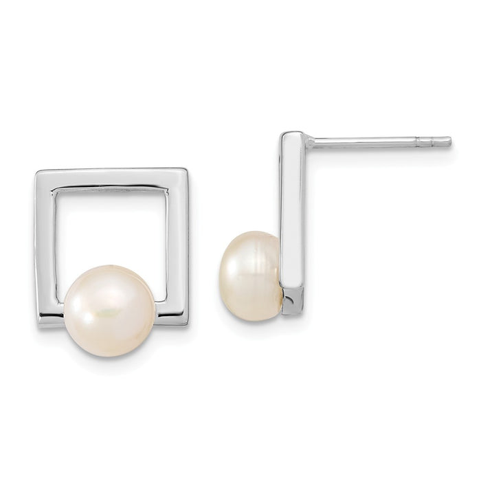 925 Sterling Silver Rhodium-plated 7-8mm Button Freshwater Cultured Pearl Square Post Earrings, 14.53mm x 11.45mm